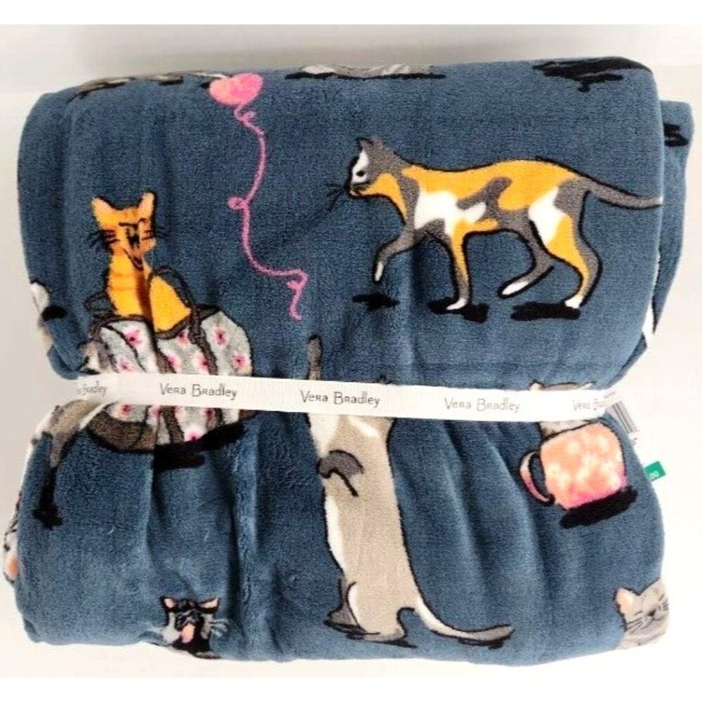 New Vera Bradley Cat’s Meow Throw Blanket Cat Kitten Blue Soft Plush 80x50 - Picture 3 of 3